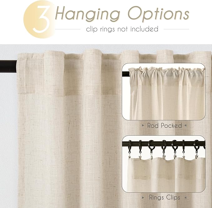 Apricot Linen Curtain 102 inch Length 2 Panels Set Back Tab Light Filtering Living Room Curtain Drapes Home Office Modern Minimalist Decor Farmhouse Boho Neutral Cream Semi Sheer Curtain 102 inch Long