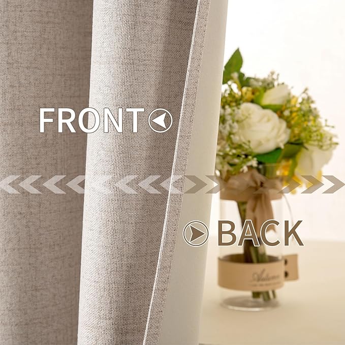 MIULEE 100% Blackout Linen Textured Curtains for Bedroom 105 Inches Extra Long Thermal Insulated Natural Beige Grommet Room Darkening Curtains & Drapes Luxury for Living Room Nursery (2 Panels)
