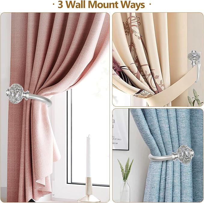 2 Pack Curtain Holdbacks, USFOOK Silver Decorative Window Drapery Tiebacks (2 Pack/1 Pair), Curtain Tie Back Hooks for Wall with Translucent Finials (3.95" L x 3.4" W)
