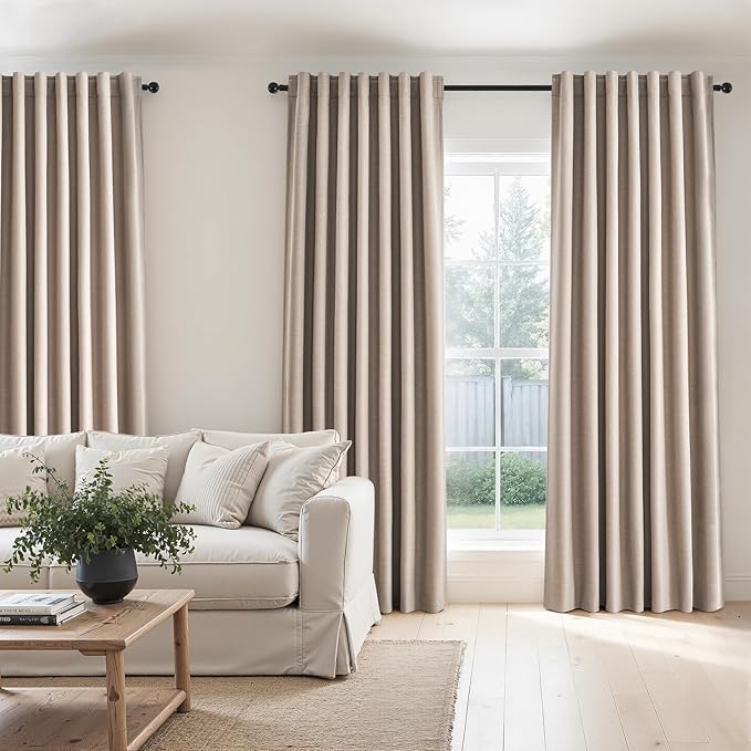102 inch long Linen blackout curtains for tall windows 2 Panels 100% Blackout Linen texture Curtain Window Drapes Back Tab Rod Pocket Room Darkening Thermal Insulated Panel for Bedroom Living Room