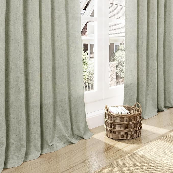 2 Panels Set Sage Green Linen Curtains 126 Inches Long for Living Room Extra Long Back Tab Curtain Neutral Farmhouse Light Filtering Semi Sheer Linen Drapes Ceiling to Floor for Large Window 52x126