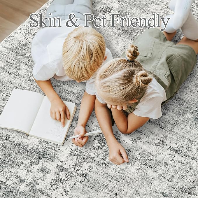 6x9 Abstract Area Rugs for Living Room 6 x 9 Washable Non Slip Low Pile Gray Rugs for Bedroom Dining Room Foldable Thin Gray White