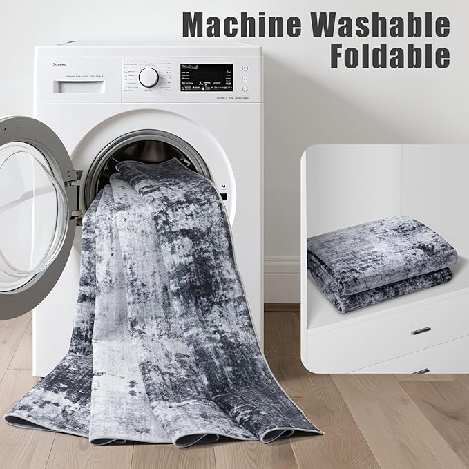 6x9 Area Rug Living Room Rug: Washable Modern Abstract Soft Thin Rug Indoor Floor No Slip Stain Resistant Carpet for Bedroom Dining Room Farmhouse Nursery Home Office - Black