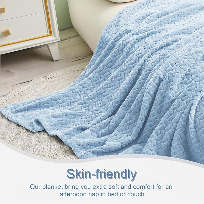 Exclusivo Mezcla Fleece Queen Size Blanket for Bed, 90x90 Inches Soft Cozy Jacquard Flannel Blankets, Lightweight Fuzzy Plush Warm for Women, Light Blue