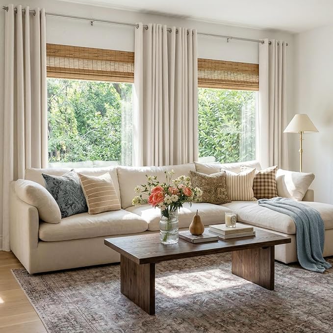100% Blackout Shield Linen Blackout Curtains for Bedroom, Beige Grommet Curtains for Living Room, Thermal Insulated Room Darkening Drapes for Nursery, Boho Home Decor, 50" W x 72" L, 2 Panels