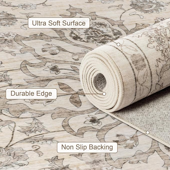 6x9 Area Rugs Living Room Rug: Washable Vintage Distressed Floral Rug No Slip Stain Resistant Soft Carpet Indoor Floor Large Carpets for Bedroom Dining Room Farmhouse Nursery Home Office Brown Beige