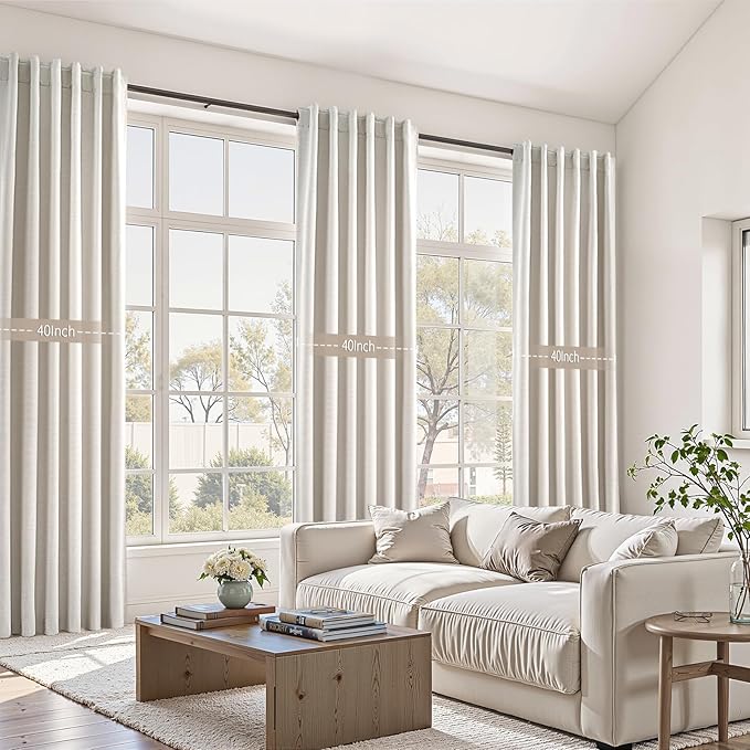 92 Inches Long Blackout Curtains for Living Room 2 Panels Set Cream Birch Linen Texture Room Darkening Energy Saving Curtain Window Coverings Hook Belt Pleated Drapes Aesthetic Bedroom(W40"xL92")