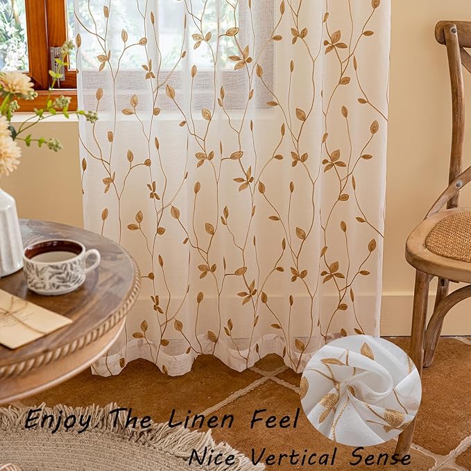 AmHoo 2 Panels Embroidered Leaf Pattern Semi Sheer Curtains Foliage Floral Voile Window Draperies Treatment for Bedroom Living Room Rod Pocket White Taupe 53 x 95 Inch