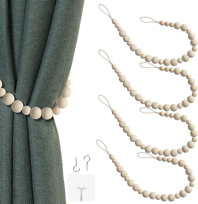 4 Pcs Wood Bead Curtain Tiebacks Curtain Ties Curtain Holdbacks Curtain Tie Back Window Treatment with Hooks for Home Wall Holiday Decoration (Wood Color, 4)