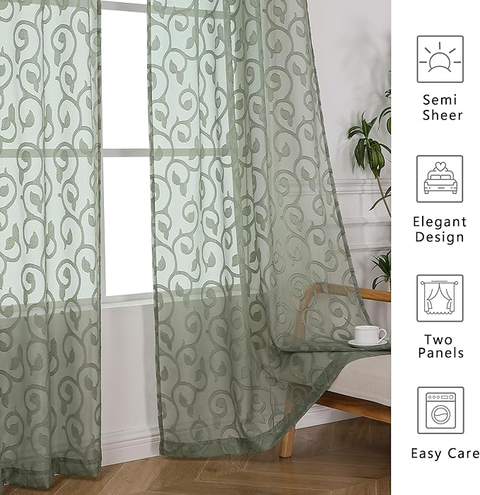 OWENIE Furman Sage Green Semi Sheer Curtains 72 inches Long for Bedroom Living Room 2 Panels Set, Light Filtering Door Curtains Elegant Clip Jacquard, Rod Pocket Window Treatments, 2 Pcs = 84" Width
