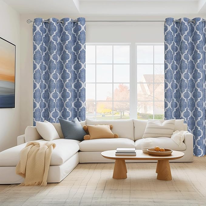 Beauoop 100% Blackout Curtains 63 Inches Long 2 Panels for Bedroom Living Room Blue Moroccan Geo Room Darkening Thermal Insulated Soundproof Grommet Top Window Treatments Drapes, 50x63 Set of 2