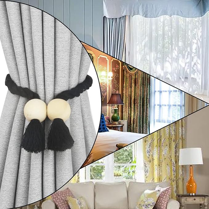 4 Pack Magnetic Curtain Tiebacks Cotton Hand Woven Tie Back Decorative Rope Holdbacks for Curtains Draperies No Tools Required, Black