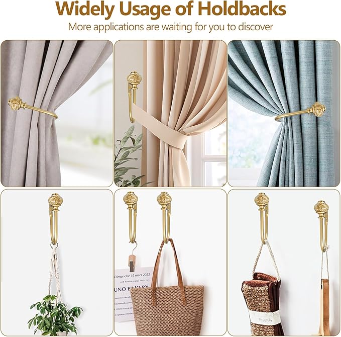 2 Pack Gold Curtain Holdbacks, USFOOK Decorative Drapery Tiebacks (2 Pack/1 Pair), Curtain Tie Back Hooks for Wall with Translucent Finials (6.1" L x 4.1" W)