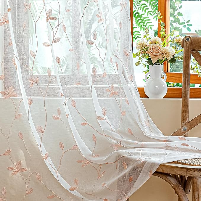 AmHoo 2 Panels Embroidered Leaf Pattern Semi Sheer Curtains Foliage Floral Voile Window Draperies Treatment for Bedroom Living Room Rod Pocket White Pink 53 x 95 Inch