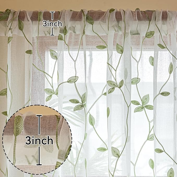 AmHoo 2 Panels Embroidered Leaf Pattern Semi Sheer Curtains Foliage Floral Voile Window Draperies Treatment for Bedroom Living Room Rod Pocket White Light Green 53 x 84 Inch