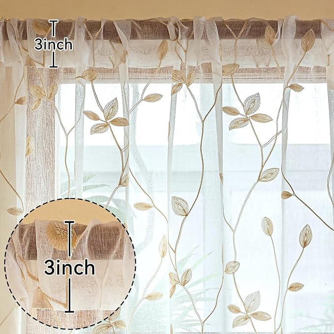 AmHoo 2 Panels Embroidered Leaf Pattern Semi Sheer Curtains Foliage Floral Voile Window Draperies Treatment for Bedroom Living Room Rod Pocket White Beige 53 x 95 Inch