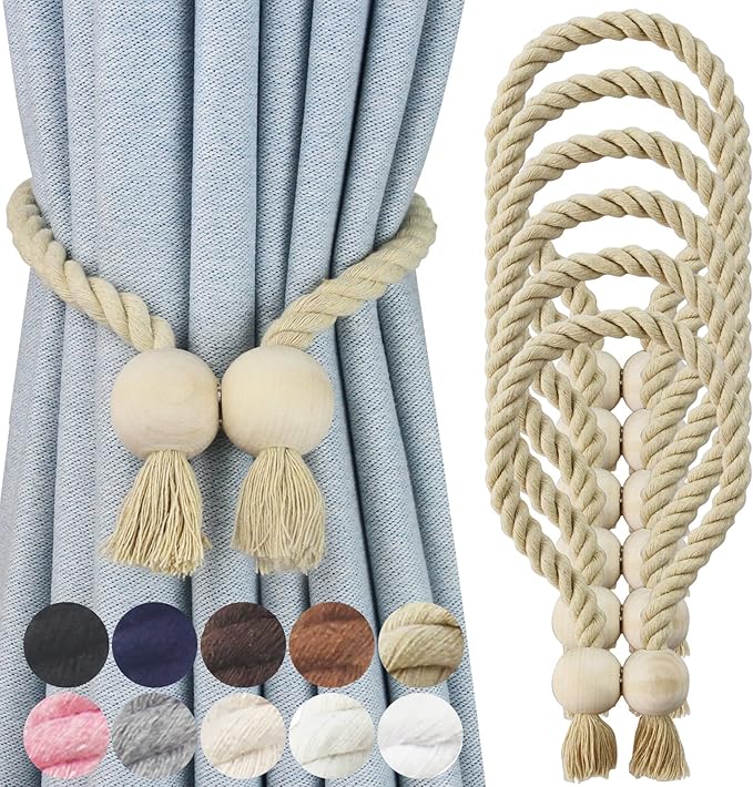 6 Pack Magnetic Curtain Tiebacks Cotton Hand Woven Tie Back Decorative Rope Holdbacks for Curtains Draperies No Tools Required, Dark Beige