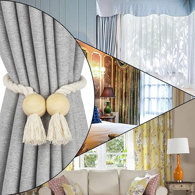 2 Pack Magnetic Curtain Tiebacks Cotton Hand Woven Tie Back Decorative Rope Holdbacks for Curtains Draperies No Tools Required, Beige