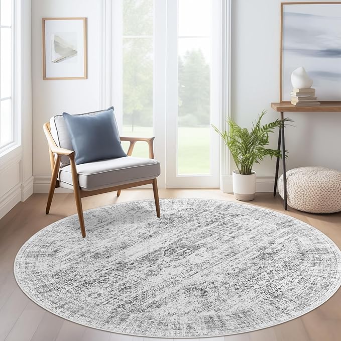 6x6 Grey Round Rug 6ft Living Room Circle Rug Gray Vintage Round Area Rug Non Slip Indoor Carpet for Dining Room Bedroom