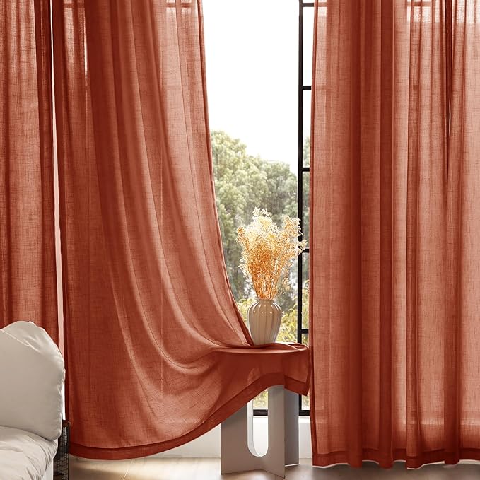 108 inch Linen Terracotta Curtains 2 Panels for Living Room Back Tab Light Filtering Semi Sheer Rust Colored Curtains 108 inches Long Soft Thick Cotton Cloth Textured Rustic Boho Farmhouse Room Decor