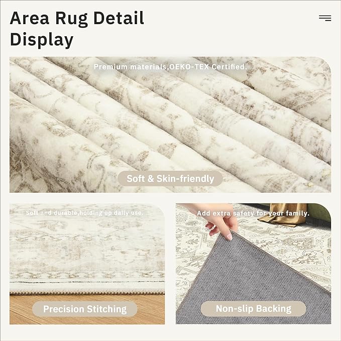 Area Rugs 5x7, Washable Rug, Stain Resistant 5x7 Area Rugs for Living Room Bedroom Dining Room, Vintage Gray Farmhouse Rug Beige