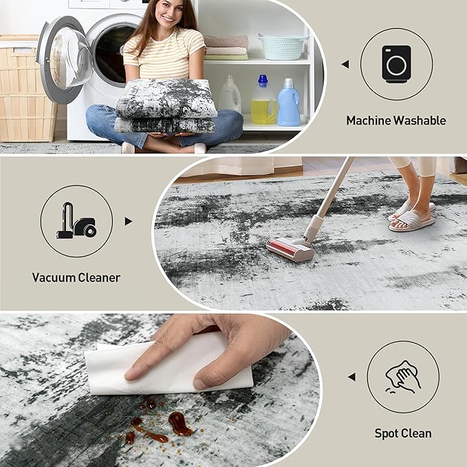 10x14 Area Rugs Washable Rug: Modern Abstract Living Room Rug Soft Anti-Skid Thin Carpet Indoor Floor Non-Shedding Carpets for Bedroom Dining Room Farmhouse Nursery Home Office Black White Grey