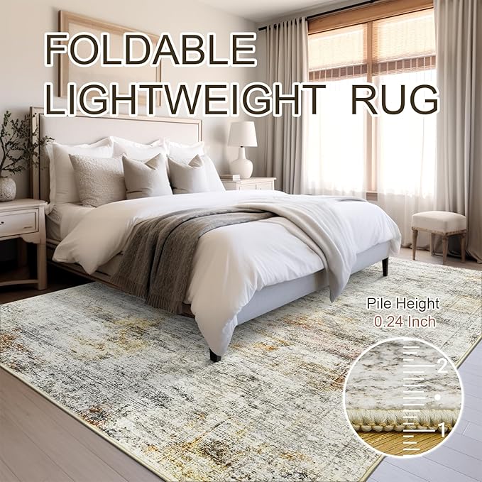 5x7 Area Rugs Gray Rust Low Pile Indoor Washable Trendy Faded Style Rugs for Bedroom Living Room Dining Room Foldable Non-Slip Thin Print Mat