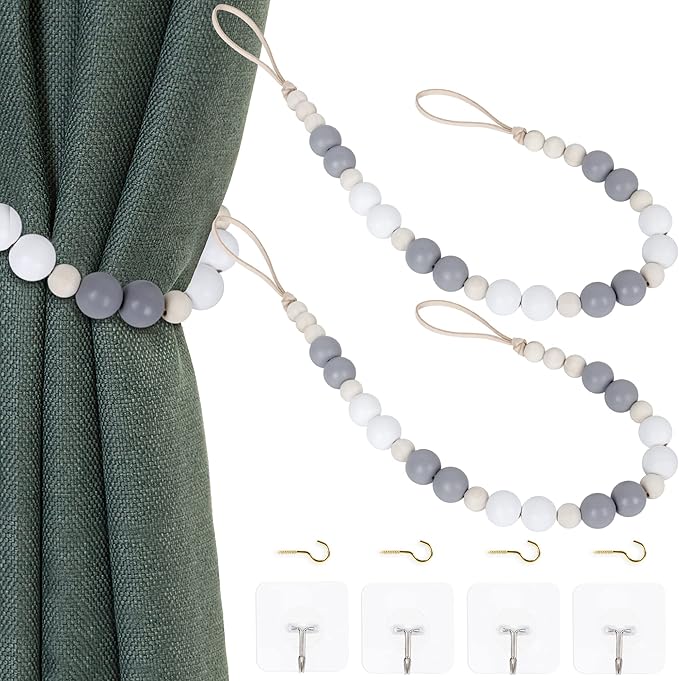 2 Pieces Wood Bead Curtain Tieback Boho Curtain Tiebacks Curtain Holdbacks for Wall Curtain Ties Window Treatment Curtain Tie Backs with Hooks for Nursery Decor Boho Decor(White, Grey, Wood Color, 2)