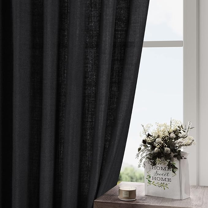 Balck Sheer Linen Curtains 94 inch Length for Bedroom Back Tab Rod Pocket Modern Farmhouse Muslin Look Cotton Textured Black Window Curtains 94 inches Long for Dining Room Living Office 2 Panels