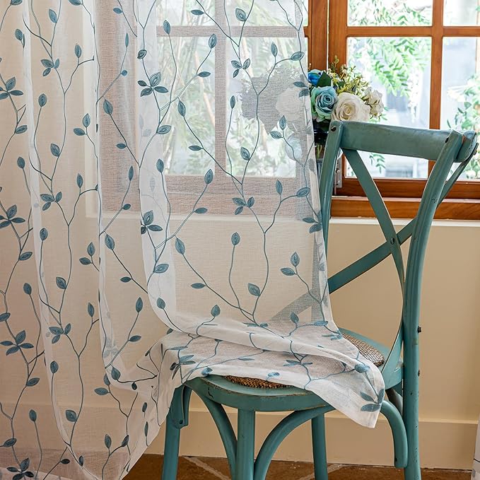 AmHoo 2 Panels Embroidered Leaf Pattern Semi Sheer Curtains Foliage Floral Voile Window Draperies Treatment for Bedroom Living Room Rod Pocket White Teal 53 x 95 Inch