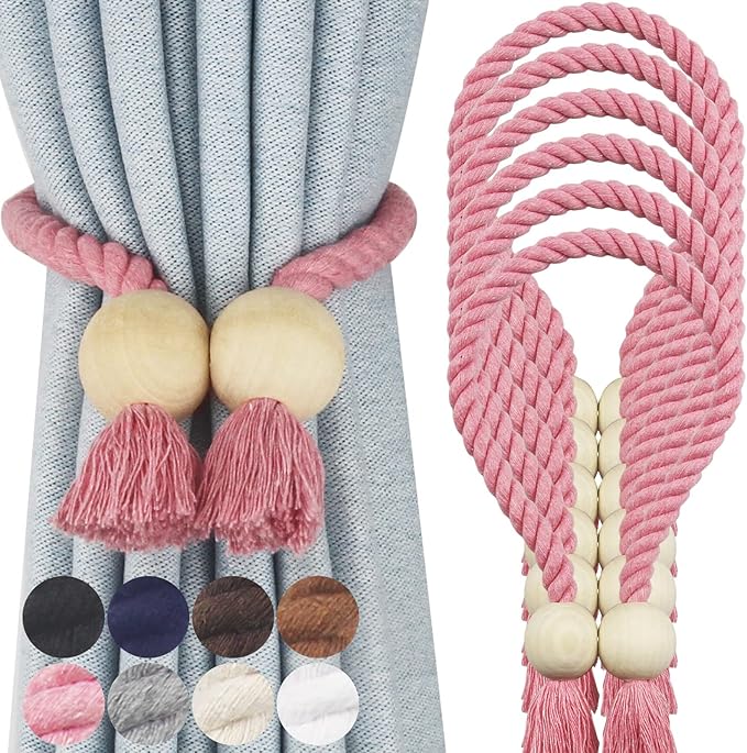 6 Pack Magnetic Curtain Tiebacks Cotton Hand Woven Tie Back Decorative Rope Holdbacks for Curtains Draperies No Tools Required, Pink