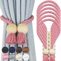 6 Pack Magnetic Curtain Tiebacks Cotton Hand Woven Tie Back Decorative Rope Holdbacks for Curtains Draperies No Tools Required, Pink