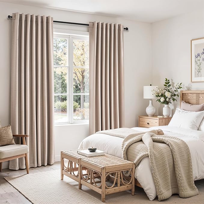 102 inch long Linen blackout curtains for tall windows 2 Panels 100% Blackout Linen texture Curtain Window Drapes Back Tab Rod Pocket Room Darkening Thermal Insulated Panel for Bedroom Living Room