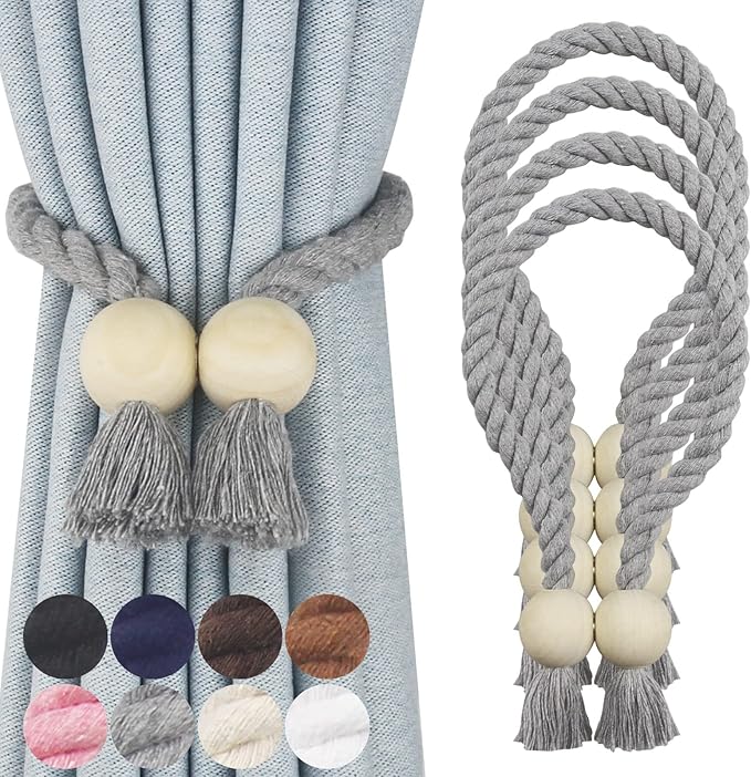 4 Pack Magnetic Curtain Tiebacks Cotton Hand Woven Tie Back Decorative Rope Holdbacks for Curtains Draperies No Tools Required, Grey