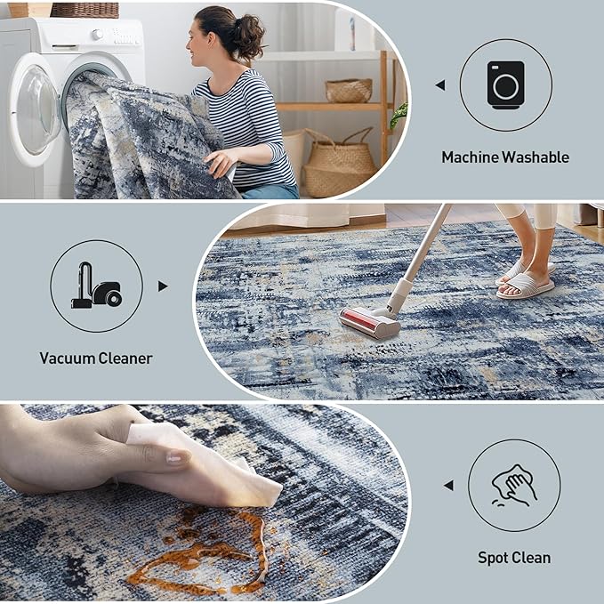 2'6''x8' Runner Rugs Washable Rug: Modern Abstract Hallway Runner Rug Indoor Soft Low Pile Thin Carpet Anti-Skid Non-Shedding Carpets for Kitchen, Entryway, Laundry, Bedroom - Blue Gold