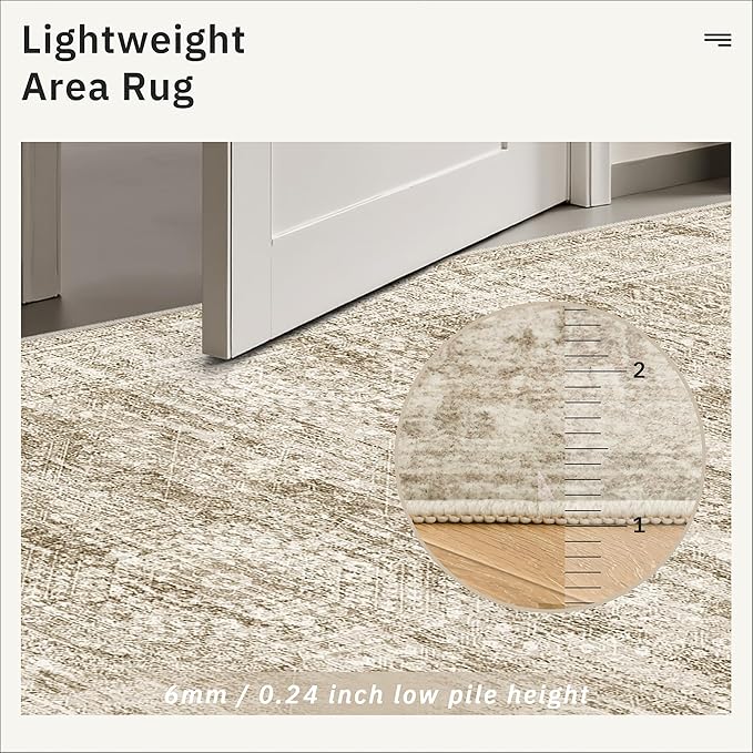 10x14 Area Rugs for Living Room, Non Slip Machine Washable Vintage Rugs, Low Pile Lightweight Large Rug for Bedroom, Dining Room, Home Office Brown