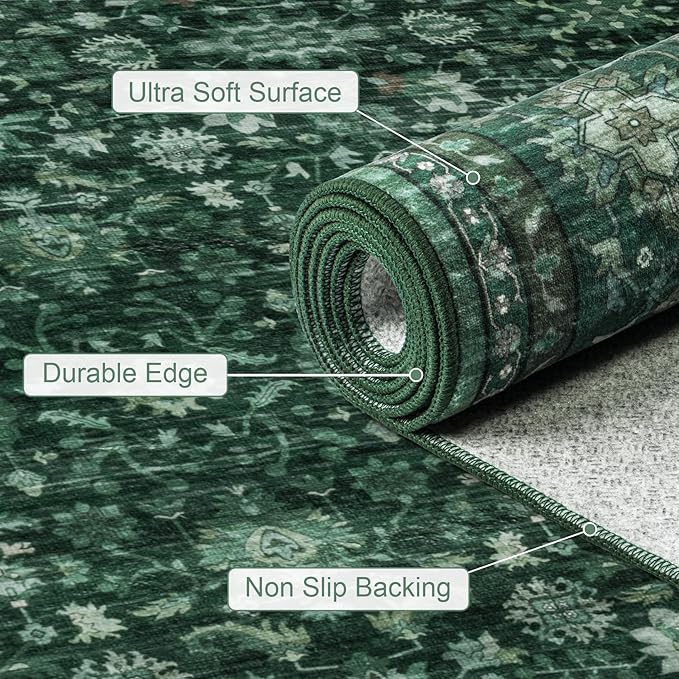 2x3 Area Rugs Living Room Rug: Washable Vintage Distressed Floral Rug No Slip Stain Resistant Soft Carpet Indoor Large Carpets for Bedroom Dining Room Farmhouse Nursery Hallway Home Office Deep Green
