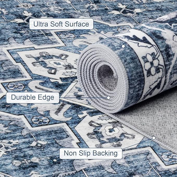 2x3 Area Rugs Living Room Rug: Washable Vintage Boho Medallion Rug No Slip Stain Resistant Soft Carpet Indoor Floor Large Carpets for Bedroom Dining Room Farmhouse Nursery Hallway Home Office Blue