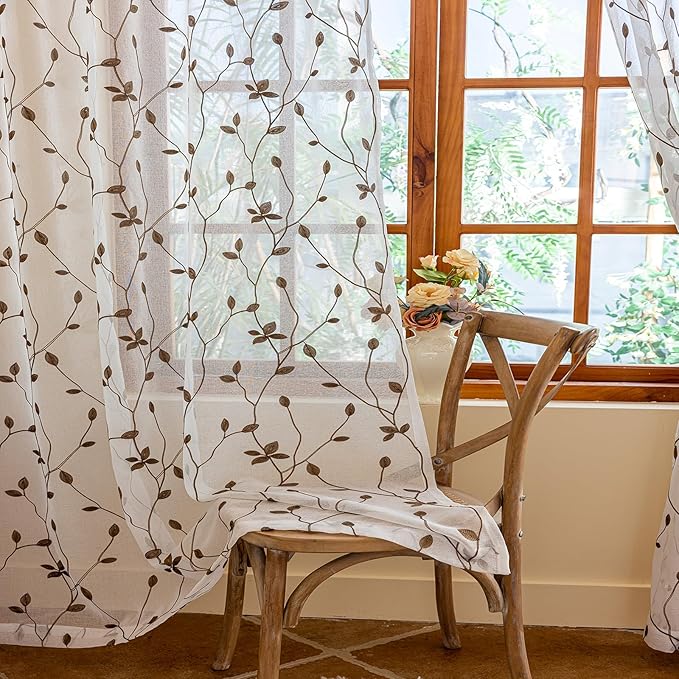 AmHoo 2 Panels Embroidered Leaf Pattern Semi Sheer Curtains Foliage Floral Voile Window Draperies Treatment for Bedroom Living Room Rod Pocket White Brown 53 x 95 Inch