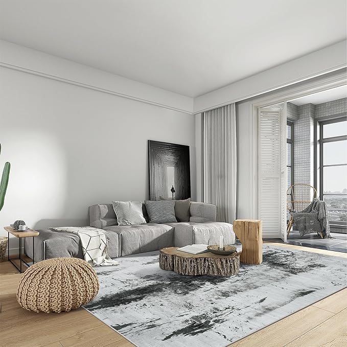 4x6 Area Rugs Washable Rug: Modern Abstract Living Room Rug Soft Anti-Skid Thin Carpet Indoor Floor Non-Shedding Carpets for Bedroom Dining Room Farmhouse Nursery Home Office Black White Grey