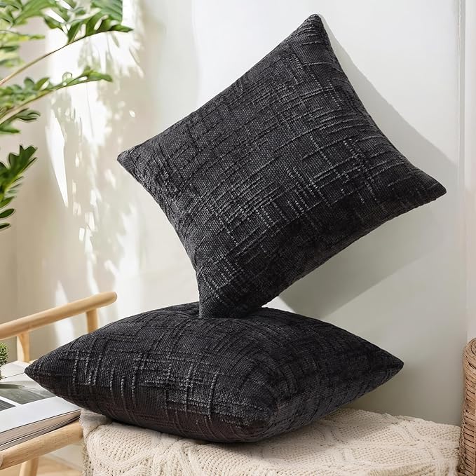 decorUhome Black Chenille Euro Sham Throw Pillow Covers 26x26 Set of 2 Textured Soft Cozy Slubby Couch Pillow Covers Modern Farmhouse Boho Decorative Pillow Cases for Bed Sofa Living Room