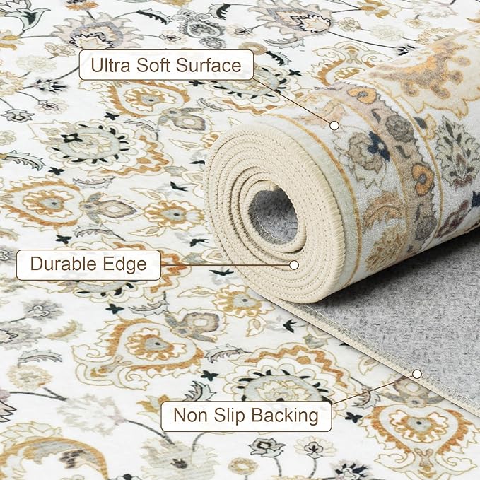3x5 Area Rugs Living Room Rug: Washable Vintage Boho Rug No Slip Stain Resistant Soft Carpet Indoor Floor Floral Large Carpets for Bedroom Dining Room Farmhouse Nursery Home Office Beige
