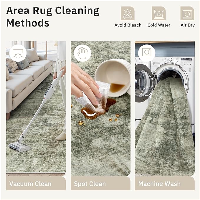Abstract Rug 8x10 Large Living Room Neutral Modern Washable Area Rugs for Bedroom Dining Room Non-Slip Stain Resistant Foldable Thin Green Black