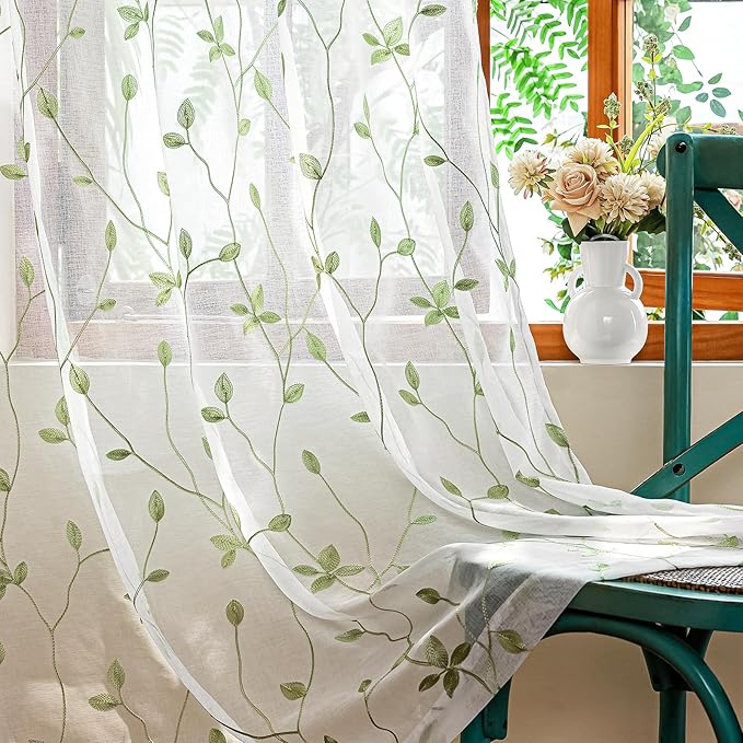 AmHoo 2 Panels Embroidered Leaf Pattern Semi Sheer Curtains Foliage Floral Voile Window Draperies Treatment for Bedroom Living Room Rod Pocket White Light Green 53 x 84 Inch