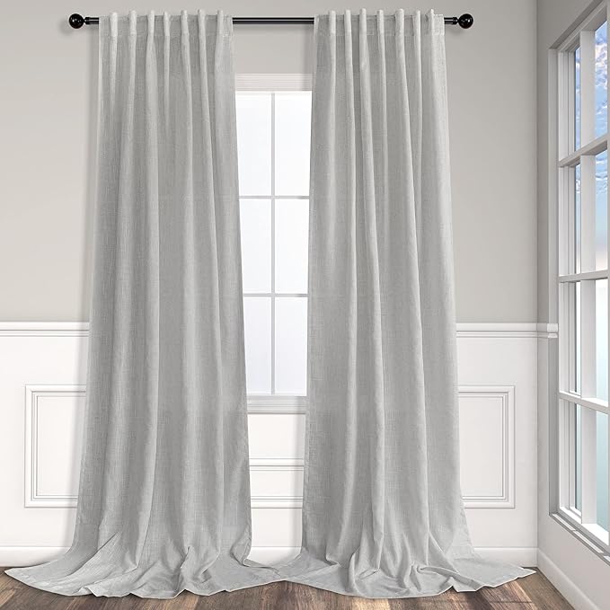 60 Inch Wide Curtains Grey for Living Room 2 Panels Set Back Tab Pocket Drape Semi Sheer Burlap Linen Extra Large Boho Farmhouse Light Gray Curtain for Bedroom Neutral Earth Width 5 x 9 FT Long 60x108