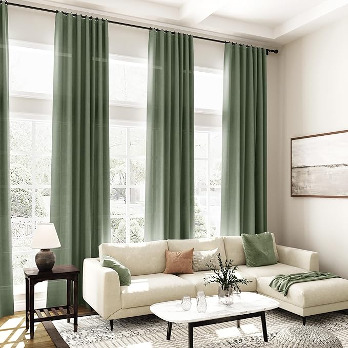 128 Inch Extra Long Curtain for Floor to Ceiling High Window Olive Green Linen Back Tab Curtains for Living Room Filtered and Breathable Semi Sheer Drapes Modern Farmhouse Boho Decor 52x128,2PCS
