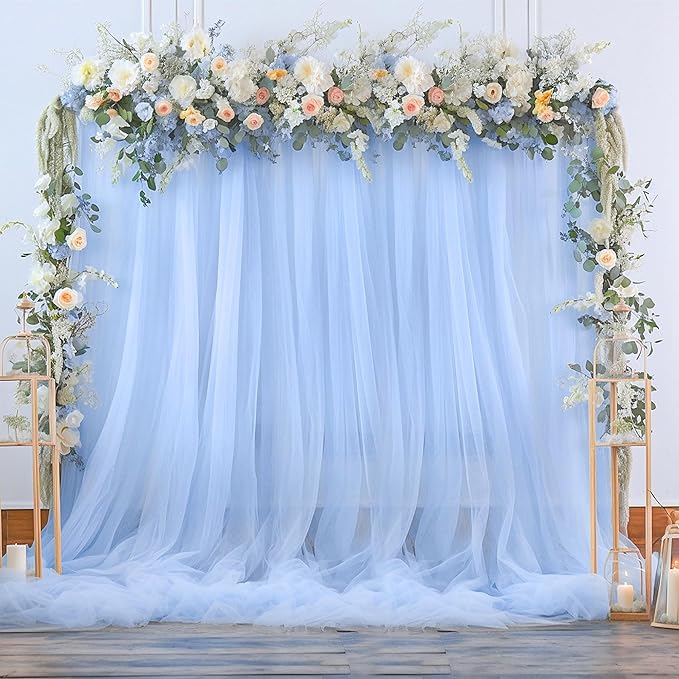 10ft x 15ft Baby Blue Tulle Backdrop Curtain for Baby Shower Party Sheer Fabric Backdrop Curtains for Boy Birthday Gender Reveal Back Drop Wedding Photo Backdrop Drapes Background 2 Panels 5ft x 15ft
