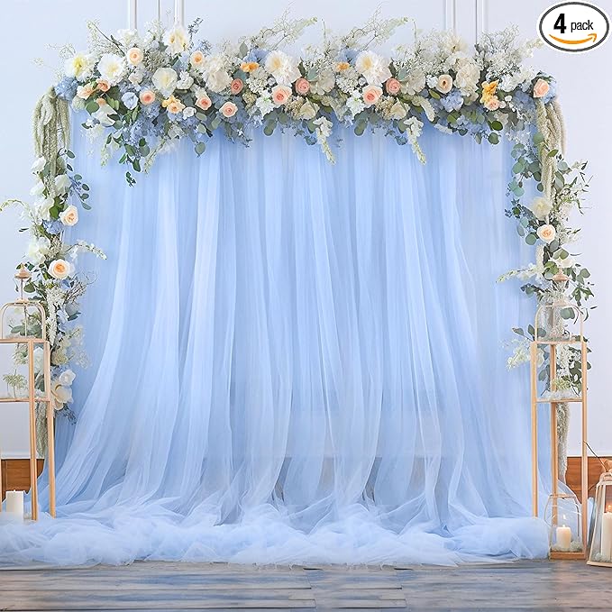 20ft x 15ft Baby Blue Tulle Backdrop Curtain for Birthday Party Sheer Fabric Backdrop Curtains for Baby Shower Boy Back Drop Gender Reveal Wedding Photo Backdrop Drapes Background 4 Panels 5ft x 15ft