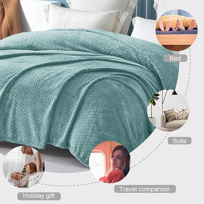 Exclusivo Mezcla Fleece King Size Blanket for Bed, 90x104 Inches Soft Cozy Jacquard Flannel Blankets, Lightweight Fuzzy Plush Warm for Women, Celadon
