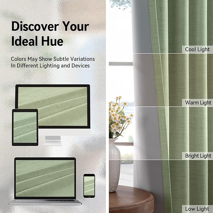 100% Blackout Shield Linen Blackout Curtains for Bedroom, Sage Green Grommet Curtains for Living Room, Thermal Insulated Room Darkening Drapes for Nursery, Boho Home Decor, 50" W x 84" L, 2 Panels